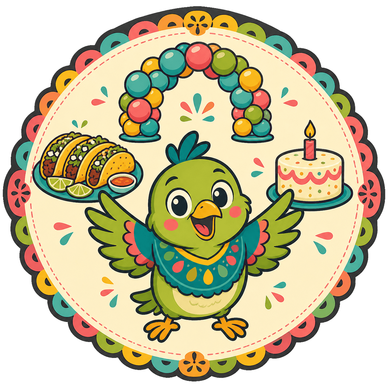Medallón de Pío con tacos, arco de globos y pastel para el paquete todo incluido de Perinolita